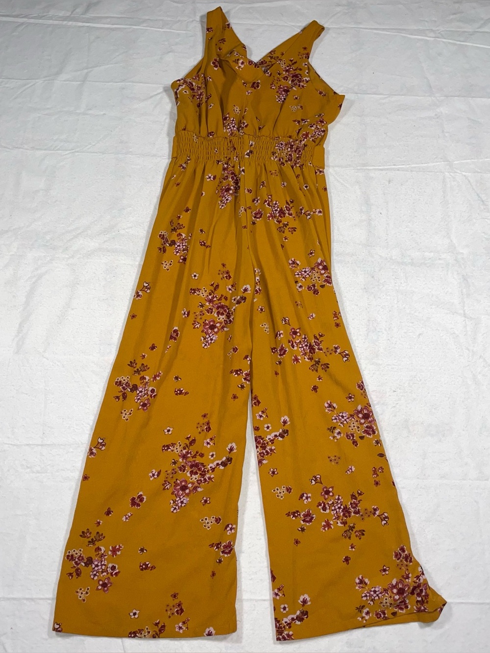 Xhilaration S Mustard Yellow Floral Pattern Button V Neck Elastic Waist Jumpsuit - Picture 3 of 5